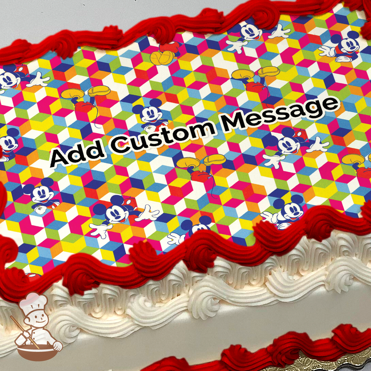 Colorful geometric background with Mickey Mouse and friends on a festive sheet cake print.
