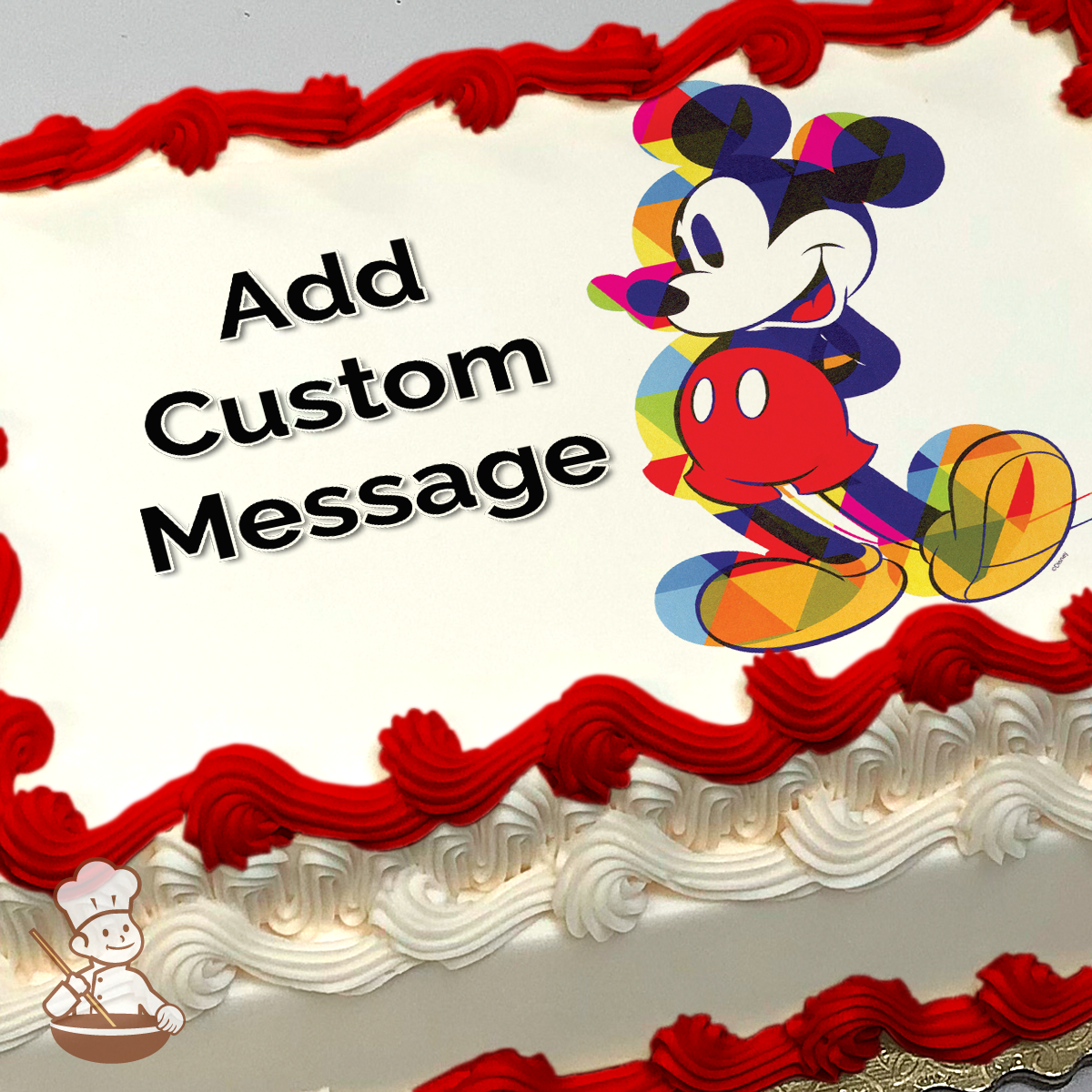 Colorful Mickey Mouse in abstract design on a sheet cake.