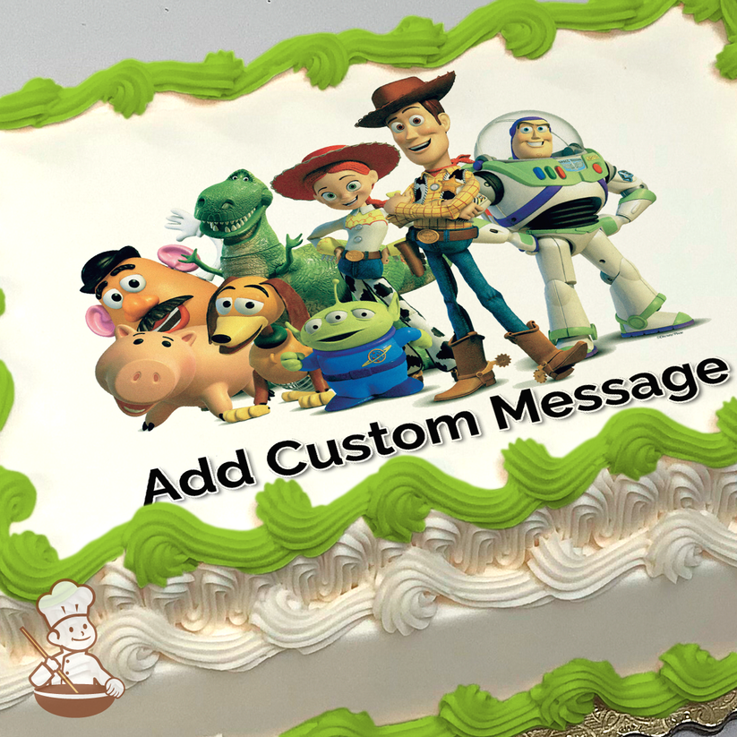 Woody, Buzz Lightyear, and Jessie with their friends from Toy Story on a white background, printed on a sheet cake.
