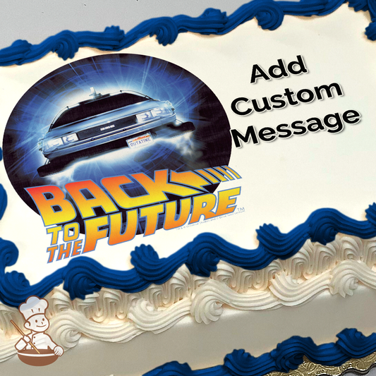 the DeLorean car from "Back to the Future" with blue electrical effects, above the movie's logo, printed on a sheet cake.
