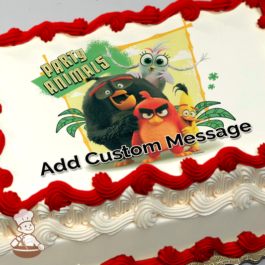 Angry Birds characters Red, Chuck, and Bomb with "Party Animals" text, on a tropical-themed background, printed on a sheet cake.