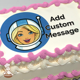 Barbie as an astronaut with a helmet on, against a solid blue background, printed on a sheet cake.