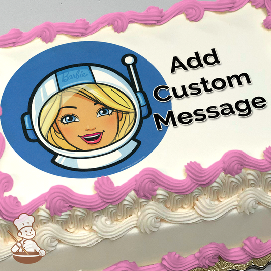 Barbie as an astronaut with a helmet on, against a solid blue background, printed on a sheet cake.