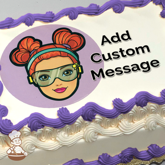 Cartoon image of Barbie with safety goggles and red hair updo, printed on a cake.