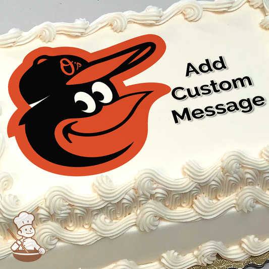 Baltimore Orioles bird logo with a smiling cartoon oriole, vibrant orange and black colors, on a sheet cake.