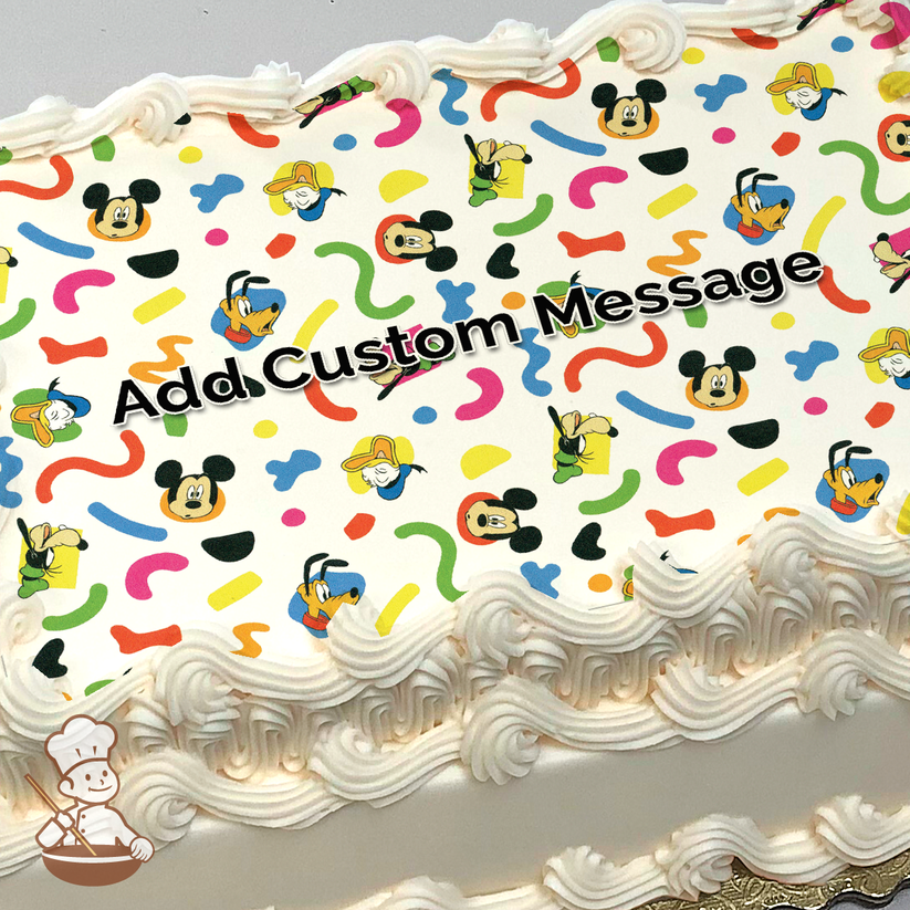 Mickey Mouse, Donald Duck, and Goofy scattered among colorful confetti on a festive background, printed on a sheet cake.