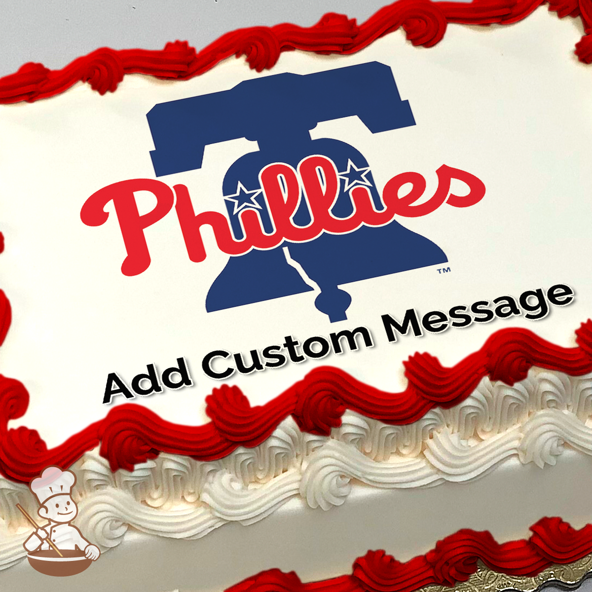 Philadelphia Phillies baseball team logo with red and blue colors on a sheet cake.