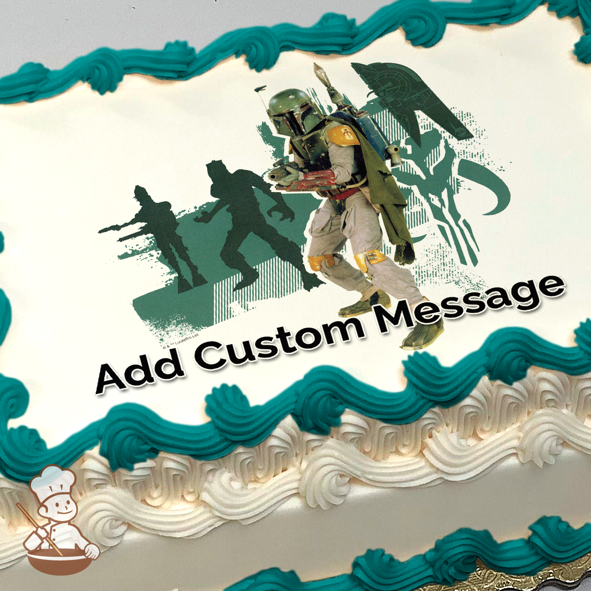 Illustration of Boba Fett with silhouette of two more characters, on a stylized background, printed on a sheet cake.