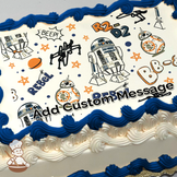 Illustration of Star Wars characters R2-D2 and BB-8 with star and spacecraft doodles on a sheet cake.