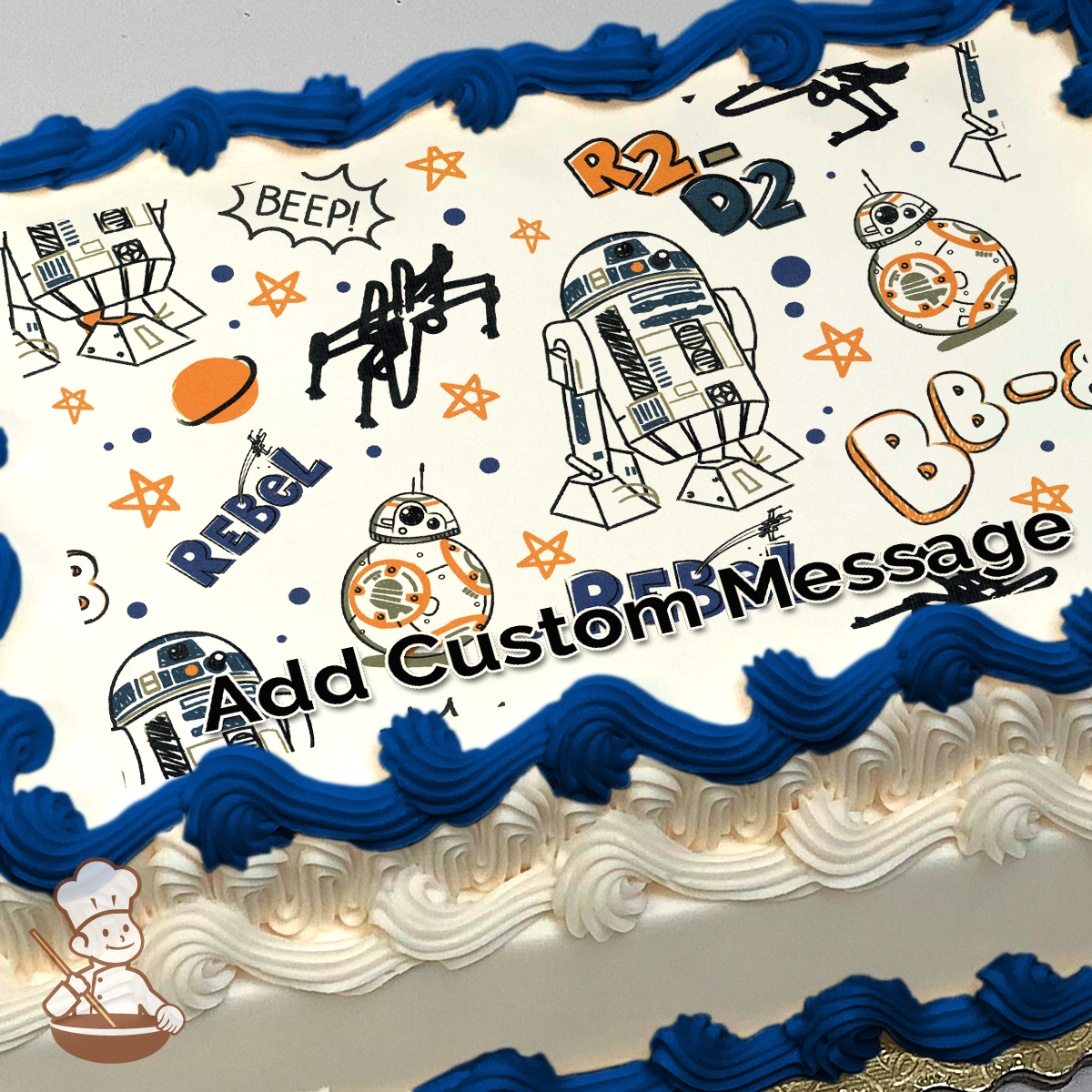 Illustration of Star Wars characters R2-D2 and BB-8 with star and spacecraft doodles on a sheet cake.