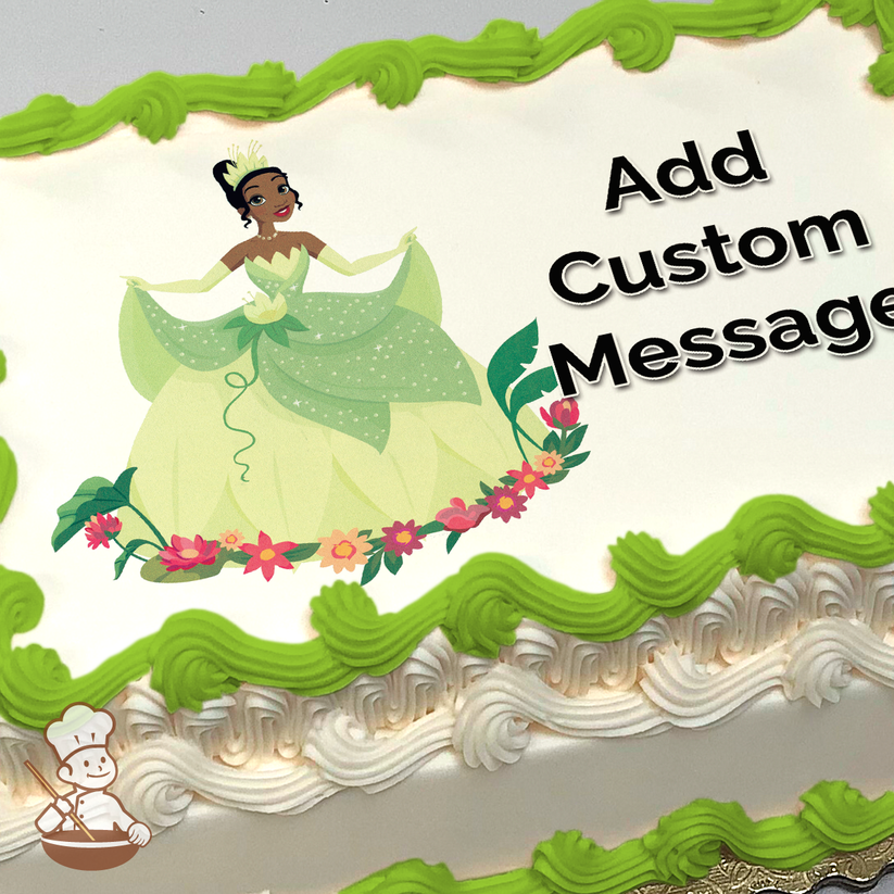 Princess Tiana in a green dress with floral accents, surrounded by flowers, printed on a sheet cake.