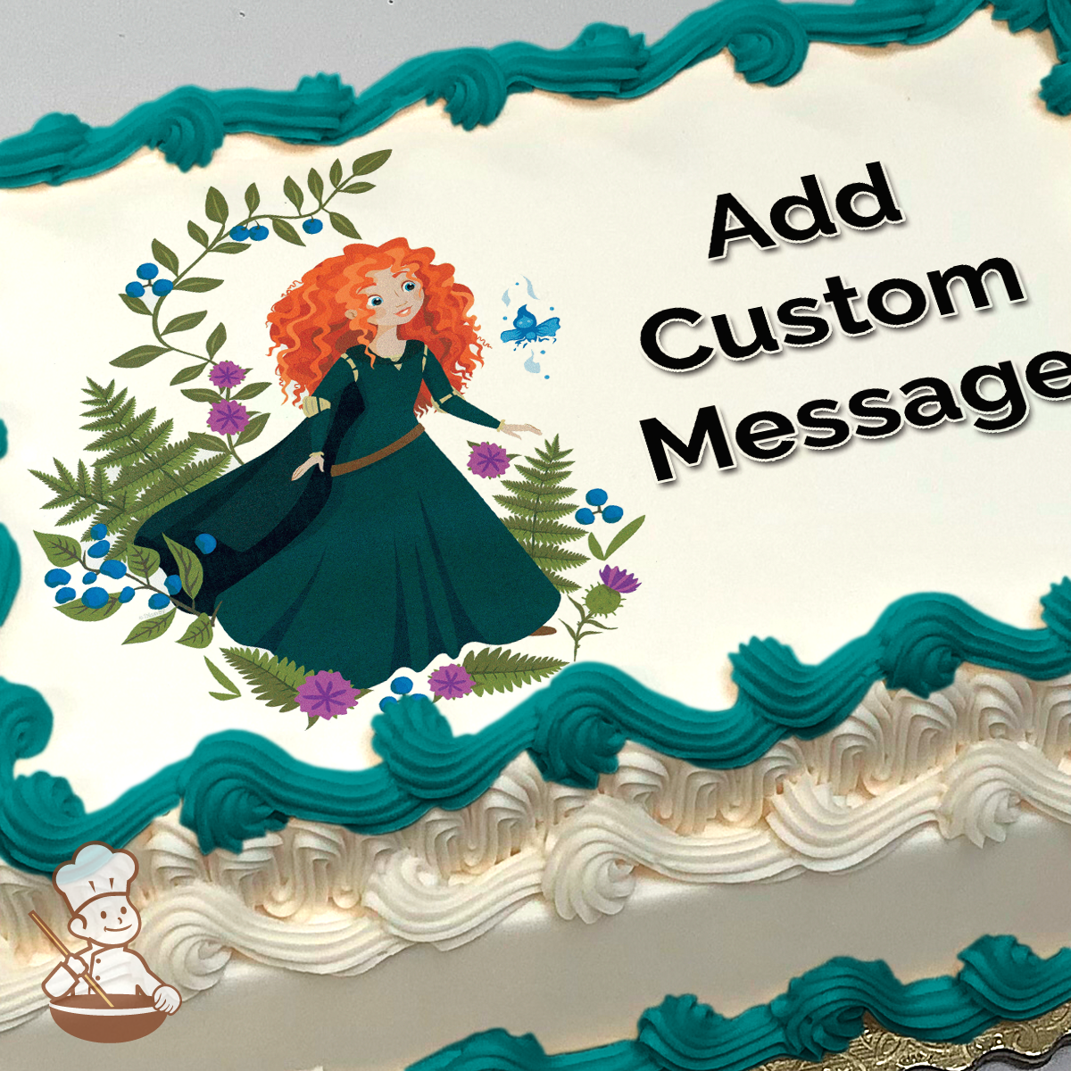Merida from Disney's Brave, surrounded by floral elements, printed on a sheet cake.