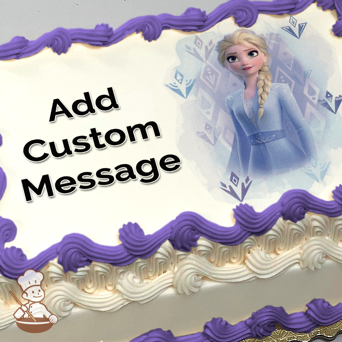 Elsa from Frozen in a blue dress with a stylized snowflake background, printed on a sheet cake.