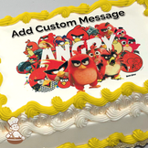 Multiple incarnations of Red from Angry Birds on a vibrant, action-packed background, printed on a sheet cake.