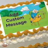 Finn riding Jake in a grassy landscape with blue skies and clouds, Adventure Time theme printed on a sheet cake.