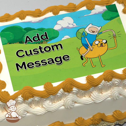 Finn riding Jake in a grassy landscape with blue skies and clouds, Adventure Time theme printed on a sheet cake.