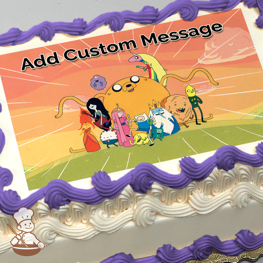 Adventure Time characters Finn, Jake, and friends on a colorful background with sun rays, printed on a sheet cake.