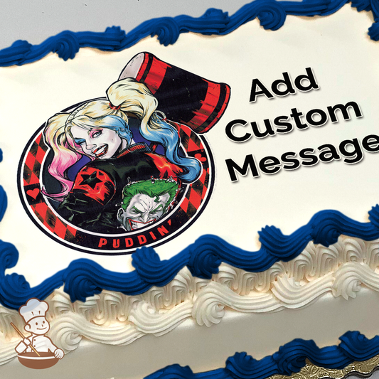Harley Quinn with the Joker on her back, against a checkered background with hearts and the word "PUDDIN'" printed on a sheet cake.