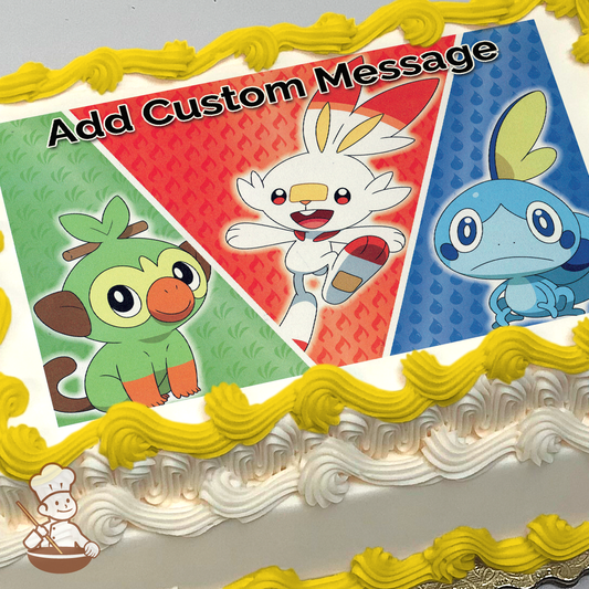 Illustration of Pokémon characters Scorbunny, Grookey, and Sobble on a tri-colored background, printed on a sheet cake.