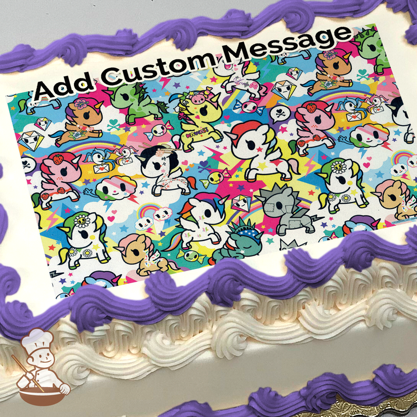 Illustration of colorful Tokidoki characters, including Unicorno and friends, on a vibrant background, printed on a sheet cake.