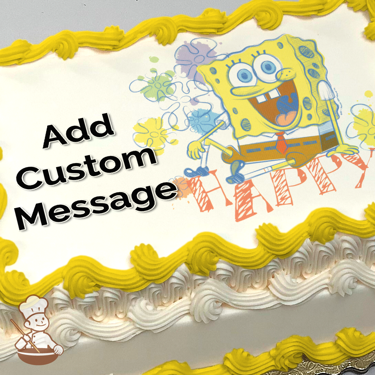 Illustration of SpongeBob SquarePants with a joyful expression, standing with paint splatters around, on a printed sheet cake.