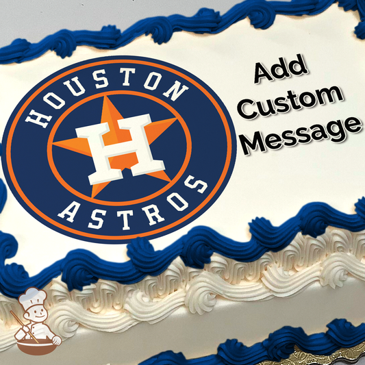 Houston Astros logo with star and 'H' emblem on a navy circle, printed on a sheet cake.