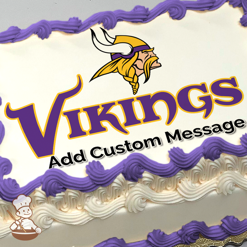 Illustration of a Viking warrior's head with a horned helmet next to bold purple and gold text "Vikings" on a sheet cake.