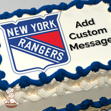 New York Rangers hockey team logo with shield design, red, white, and blue colors, on a sheet cake.
