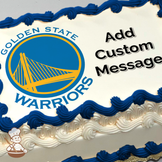 Golden State Warriors logo featuring a blue and yellow bridge illustration on a white background, printed on a sheet cake.