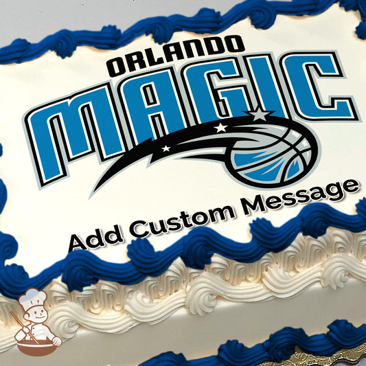 Orlando Magic basketball team logo with a stylized basketball and trailing stars on a white background, printed on a sheet cake.