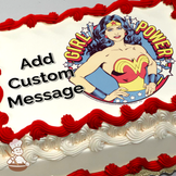 Illustration of Wonder Woman with "GIRL POWER" text, against a comic book-style burst background, printed on a sheet cake.