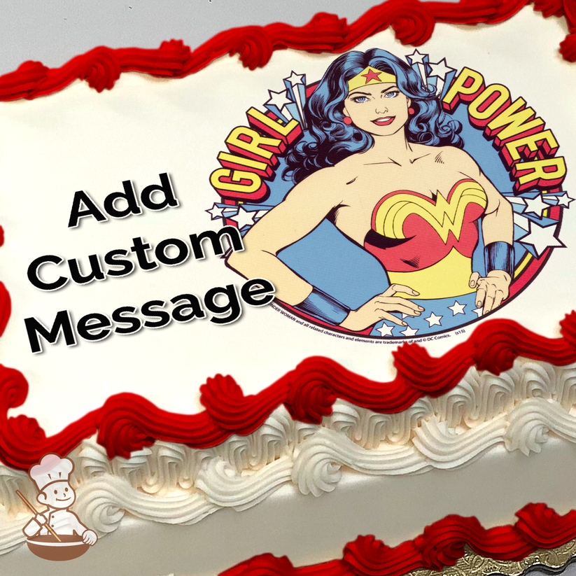Illustration of Wonder Woman with "GIRL POWER" text, against a comic book-style burst background, printed on a sheet cake.