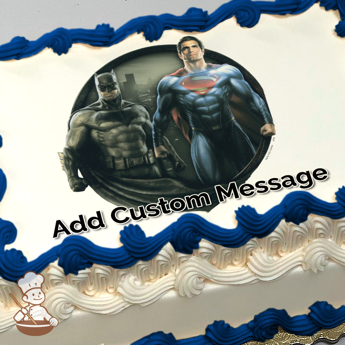 Batman and Superman standing side by side with a cityscape background, printed on a sheet cake.