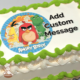 Illustration of Angry Birds characters Red, Chuck, and a green pig on a blue sky background with clouds, printed on a sheet cake.