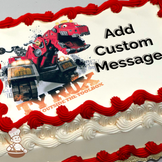 A red robotic T-Rex on mechanical treads with a wrecking ball tail, printer on a sheet cake.
