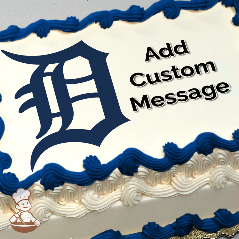 Detroit Tigers logo with a stylized old English 'D' on a sheet cake printed background.