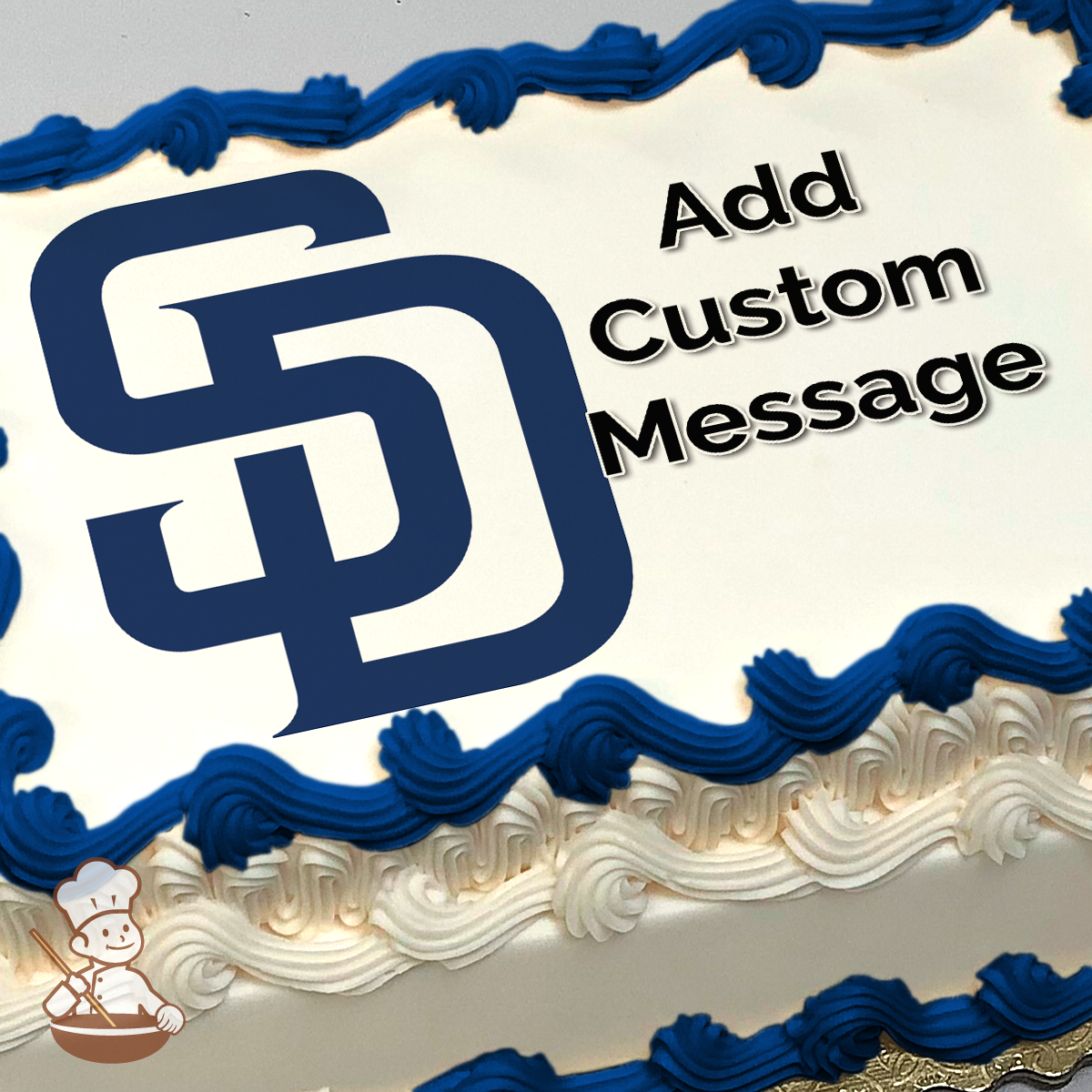 San Diego Padres logo on a photo sheet cake with a placeholder for a custom message.