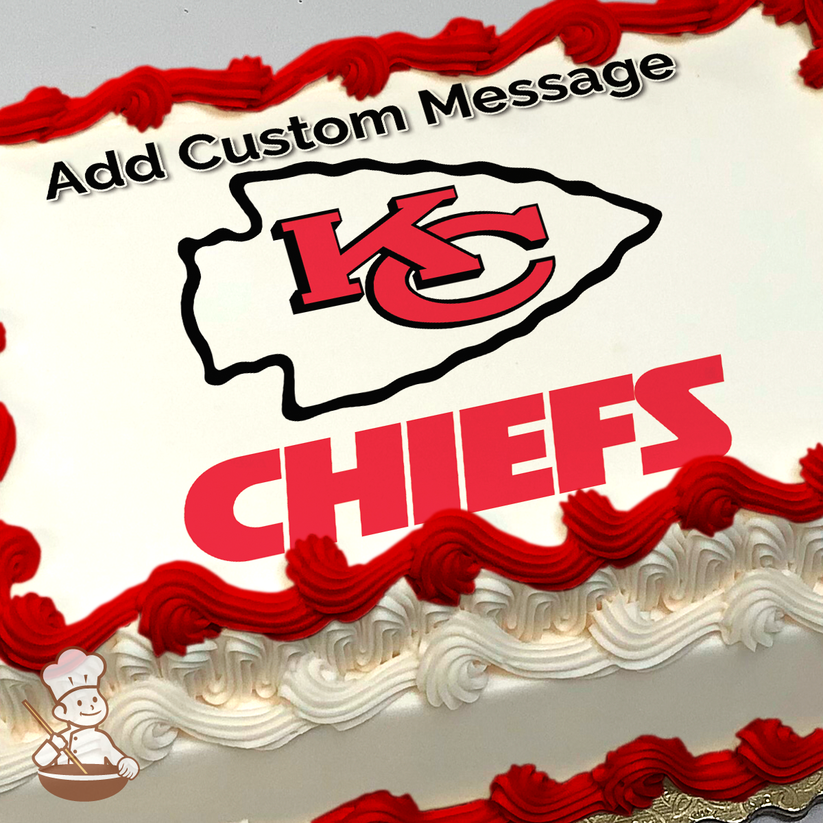 Kansas City Chiefs logo with bold red lettering on a white background, printed on a sheet cake.
