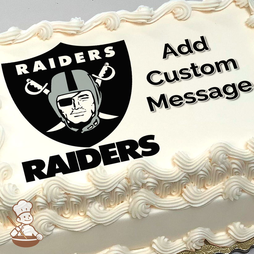 Illustration of the Las Vegas Raiders logo, printed on a sheet cake.