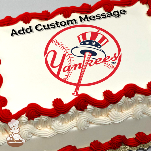 New York Yankees baseball logo with red, white, and blue colors printed on a sheet cake.