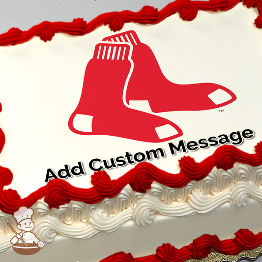 Red and white Boston Red Sox logo on a celebratory sheet cake printed design.