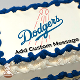 Los Angeles Dodgers baseball team logo with script and red streaks on a sheet cake.