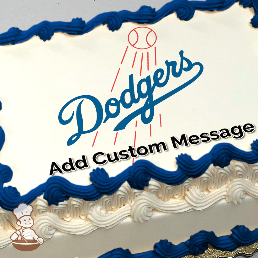 Los Angeles Dodgers baseball team logo with script and red streaks on a sheet cake.