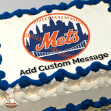 New York Mets baseball team logo with skyline and baseball stitching, printed on a sheet cake.