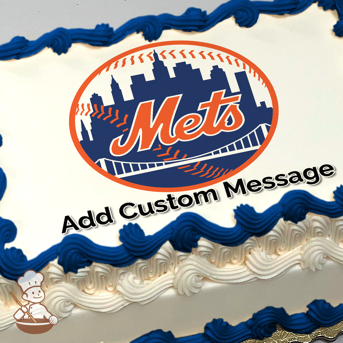 New York Mets baseball team logo with skyline and baseball stitching, printed on a sheet cake.