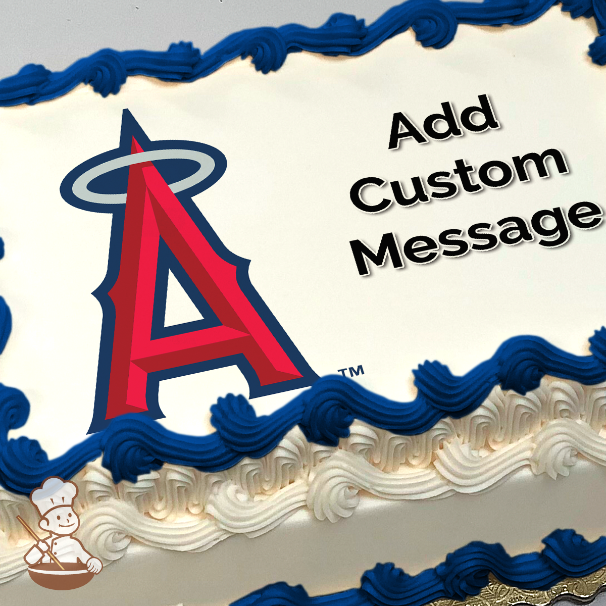 Los Angeles Angels logo with halo on a baseball diamond printed on a sheet cake