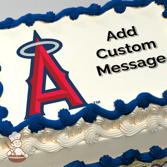Los Angeles Angels logo with halo on a baseball diamond printed on a sheet cake
