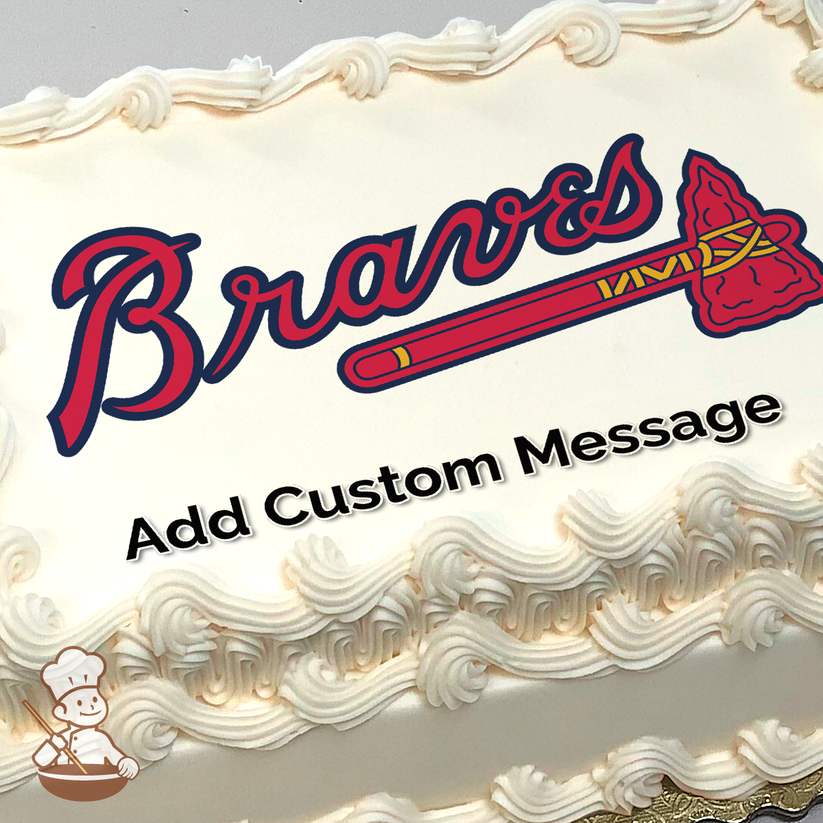 Atlanta Braves baseball team logo with tomahawk printed on a sheet cake