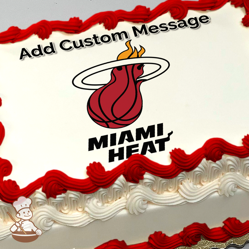 Illustration of the Miami Heat basketball team logo with a flaming basketball and the team name, printed on a sheet cake.