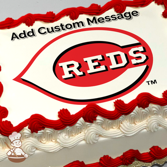 Cincinnati Reds logo with bold 'REDS' text, printed on a sheet cake.